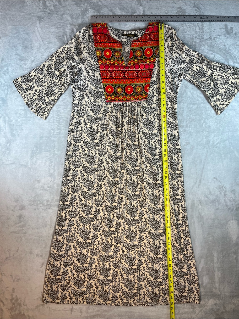 Lara Rosnovsky L 100% Cotton Embroidered Boho Midi Tunic Dress Bell Sleeve - Picture 3 of 15